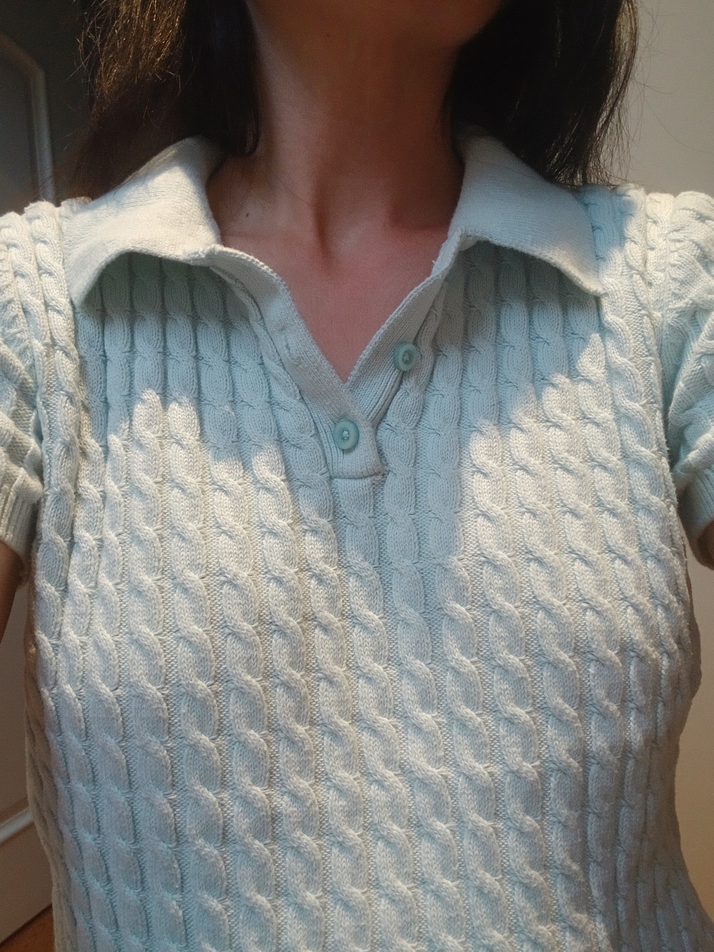 Simons Light Mint Cable-Knit V-Neck Polo Sweater